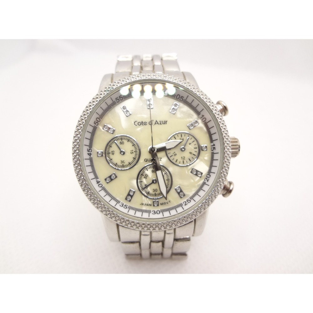 Cote d'Azur Chronograph Watch Silver MOP Dial Good Crystal Accents Japanese